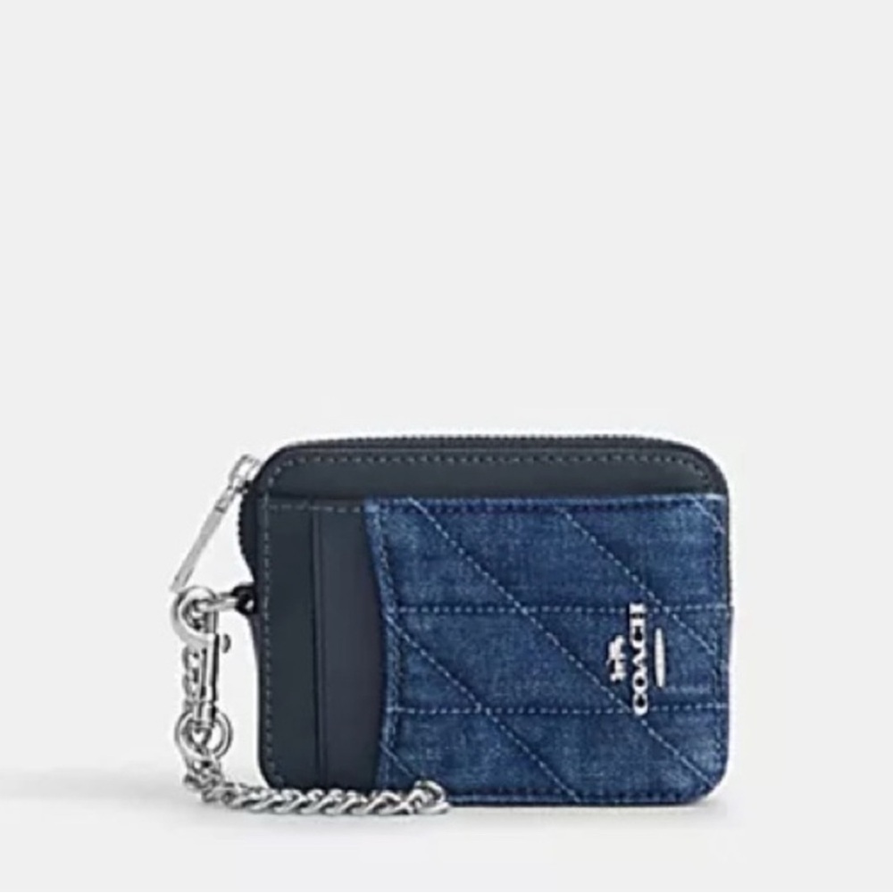 Coach Denim Blue Zip Quilted Card Case Wallet NWT